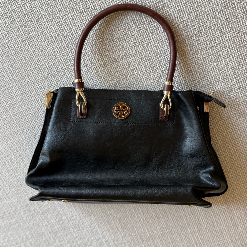 Tory Burch Black Leather Satchel with Brown Handles